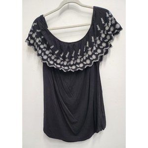 Adrianna Papell Black Blouse with White Embroidery